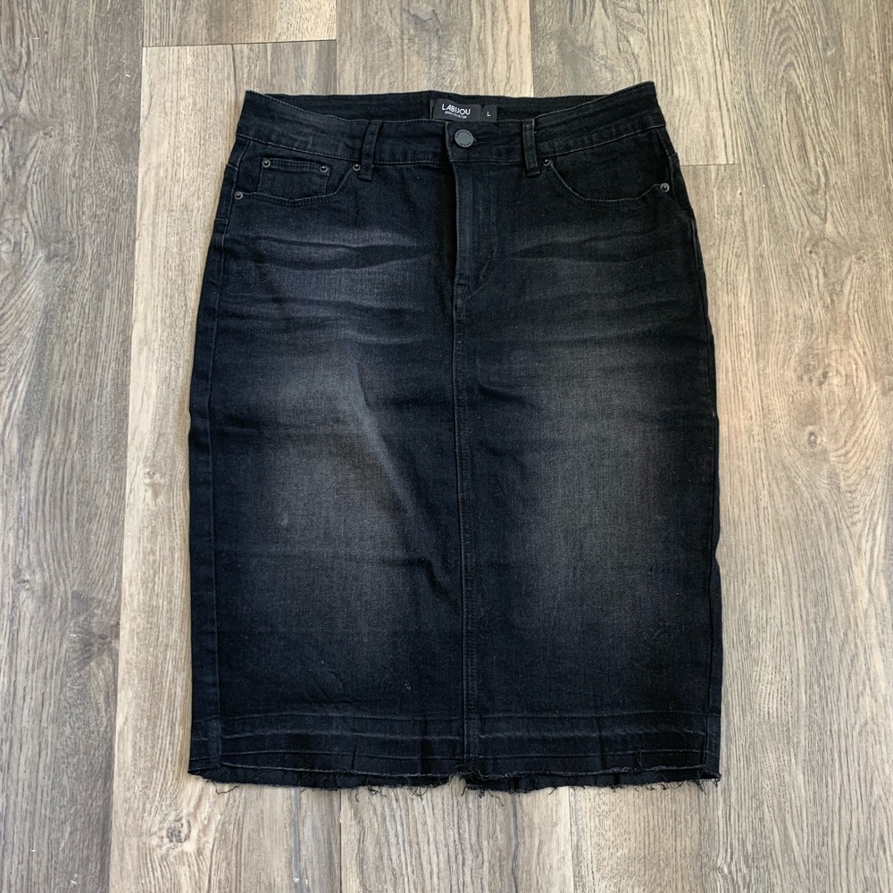 Distressed black denim pencil skirt